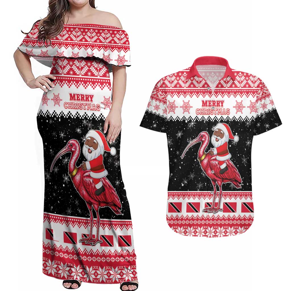 Trinidad And Tobago Christmas Couples Matching Off Shoulder Maxi Dress and Hawaiian Shirt Funny Santa Riding Scarlet Ibis - Wonder Print Shop