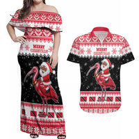 Trinidad And Tobago Christmas Couples Matching Off Shoulder Maxi Dress and Hawaiian Shirt Funny Santa Riding Scarlet Ibis - Wonder Print Shop