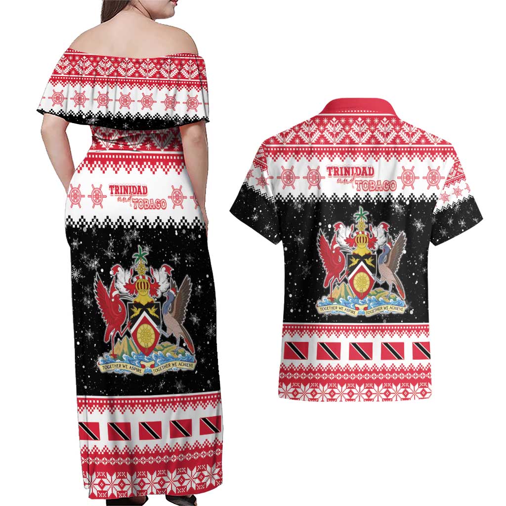Trinidad And Tobago Christmas Couples Matching Off Shoulder Maxi Dress and Hawaiian Shirt Funny Santa Riding Scarlet Ibis - Wonder Print Shop