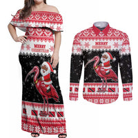 Trinidad And Tobago Christmas Couples Matching Off Shoulder Maxi Dress and Long Sleeve Button Shirt Funny Santa Riding Scarlet Ibis - Wonder Print Shop