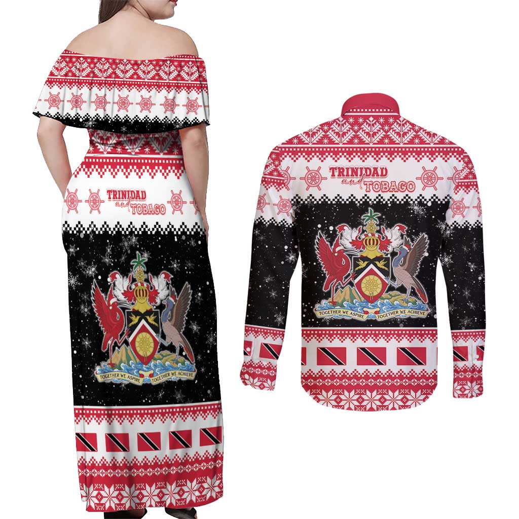 Trinidad And Tobago Christmas Couples Matching Off Shoulder Maxi Dress and Long Sleeve Button Shirt Funny Santa Riding Scarlet Ibis - Wonder Print Shop