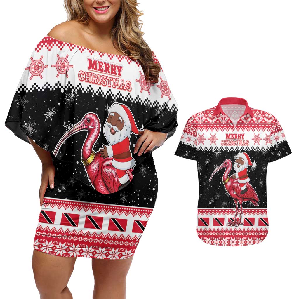 Trinidad And Tobago Christmas Couples Matching Off Shoulder Short Dress and Hawaiian Shirt Funny Santa Riding Scarlet Ibis - Wonder Print Shop