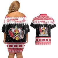 Trinidad And Tobago Christmas Couples Matching Off Shoulder Short Dress and Hawaiian Shirt Funny Santa Riding Scarlet Ibis - Wonder Print Shop