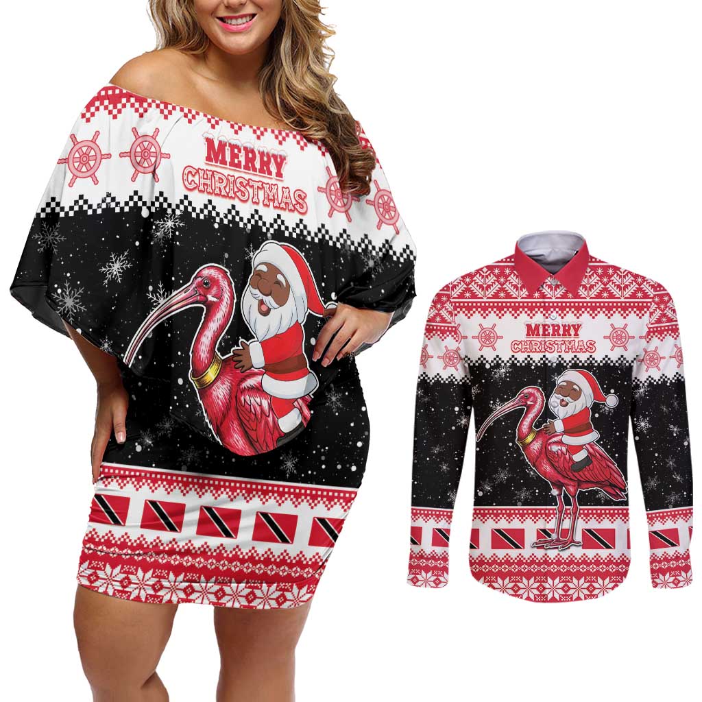 Trinidad And Tobago Christmas Couples Matching Off Shoulder Short Dress and Long Sleeve Button Shirt Funny Santa Riding Scarlet Ibis - Wonder Print Shop