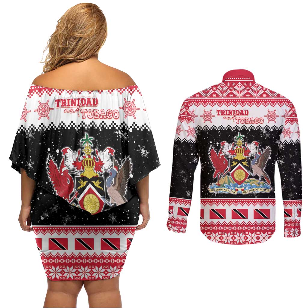 Trinidad And Tobago Christmas Couples Matching Off Shoulder Short Dress and Long Sleeve Button Shirt Funny Santa Riding Scarlet Ibis - Wonder Print Shop