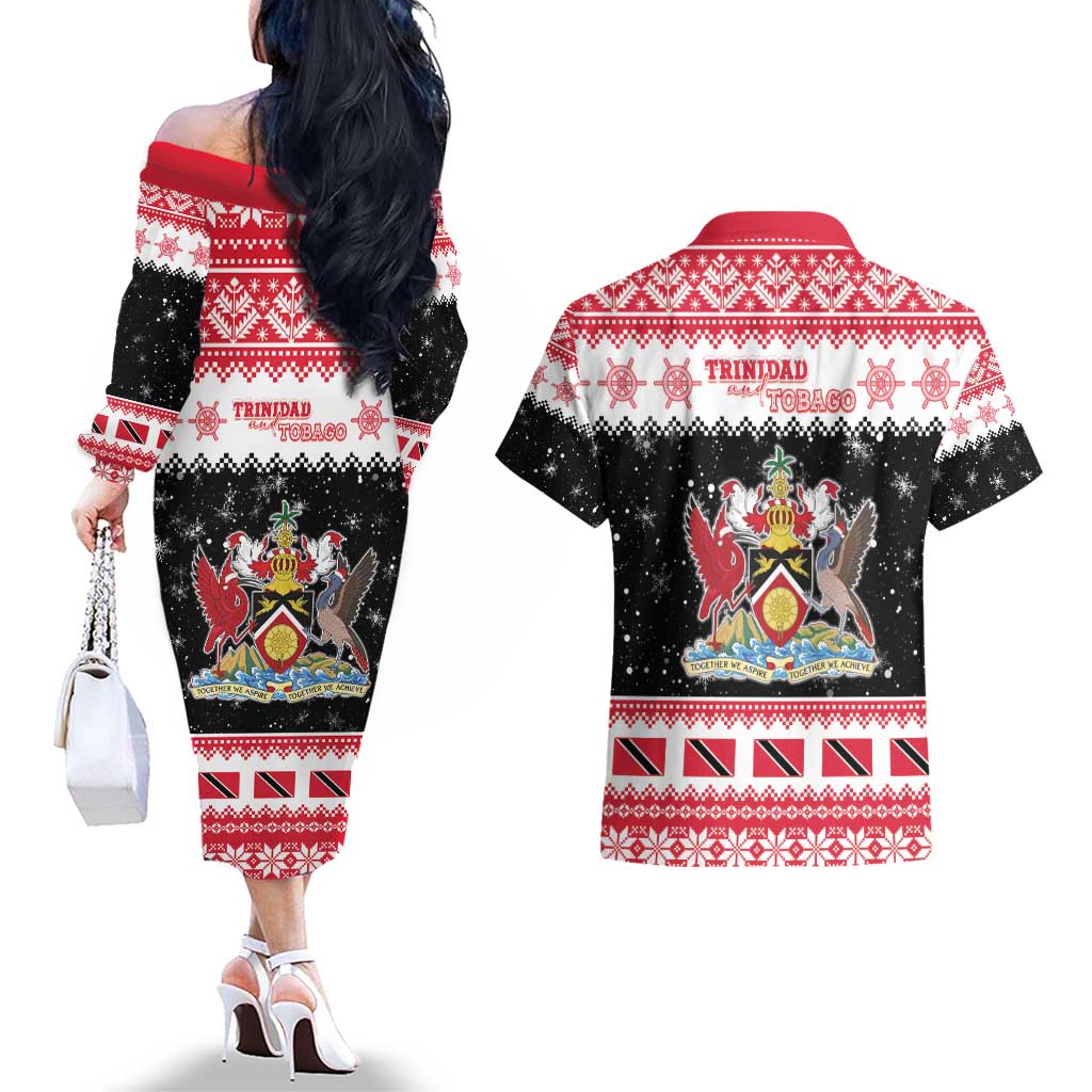 Trinidad And Tobago Christmas Couples Matching Off The Shoulder Long Sleeve Dress and Hawaiian Shirt Funny Santa Riding Scarlet Ibis - Wonder Print Shop