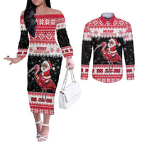 Trinidad And Tobago Christmas Couples Matching Off The Shoulder Long Sleeve Dress and Long Sleeve Button Shirt Funny Santa Riding Scarlet Ibis - Wonder Print Shop