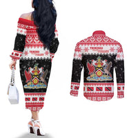 Trinidad And Tobago Christmas Couples Matching Off The Shoulder Long Sleeve Dress and Long Sleeve Button Shirt Funny Santa Riding Scarlet Ibis - Wonder Print Shop
