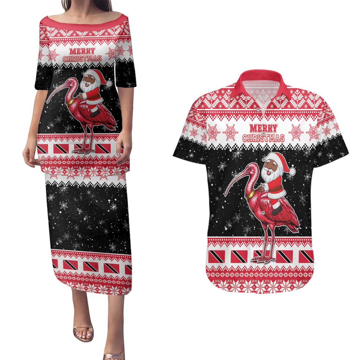 Trinidad And Tobago Christmas Couples Matching Puletasi and Hawaiian Shirt Funny Santa Riding Scarlet Ibis - Wonder Print Shop