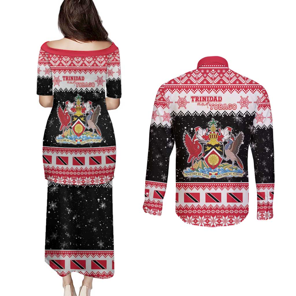 Trinidad And Tobago Christmas Couples Matching Puletasi and Long Sleeve Button Shirt Funny Santa Riding Scarlet Ibis - Wonder Print Shop