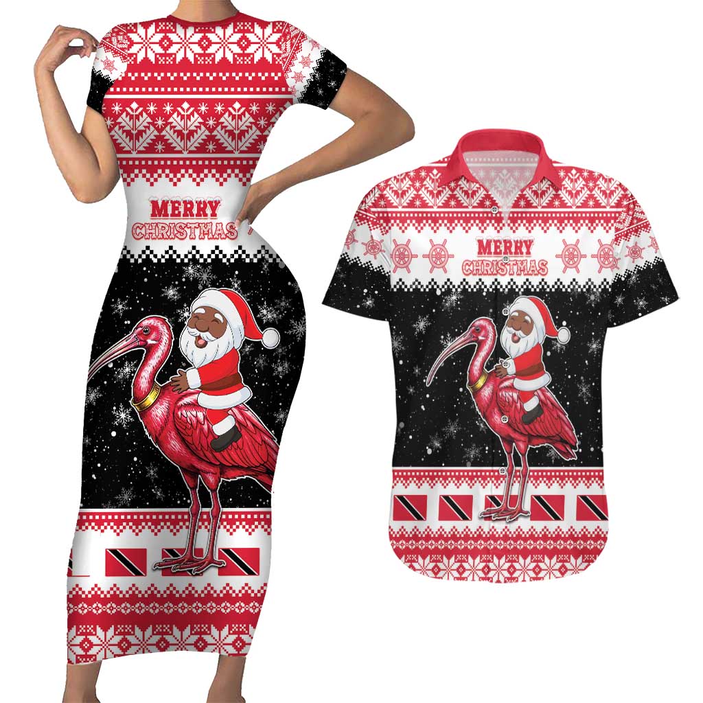 Trinidad And Tobago Christmas Couples Matching Short Sleeve Bodycon Dress and Hawaiian Shirt Funny Santa Riding Scarlet Ibis - Wonder Print Shop