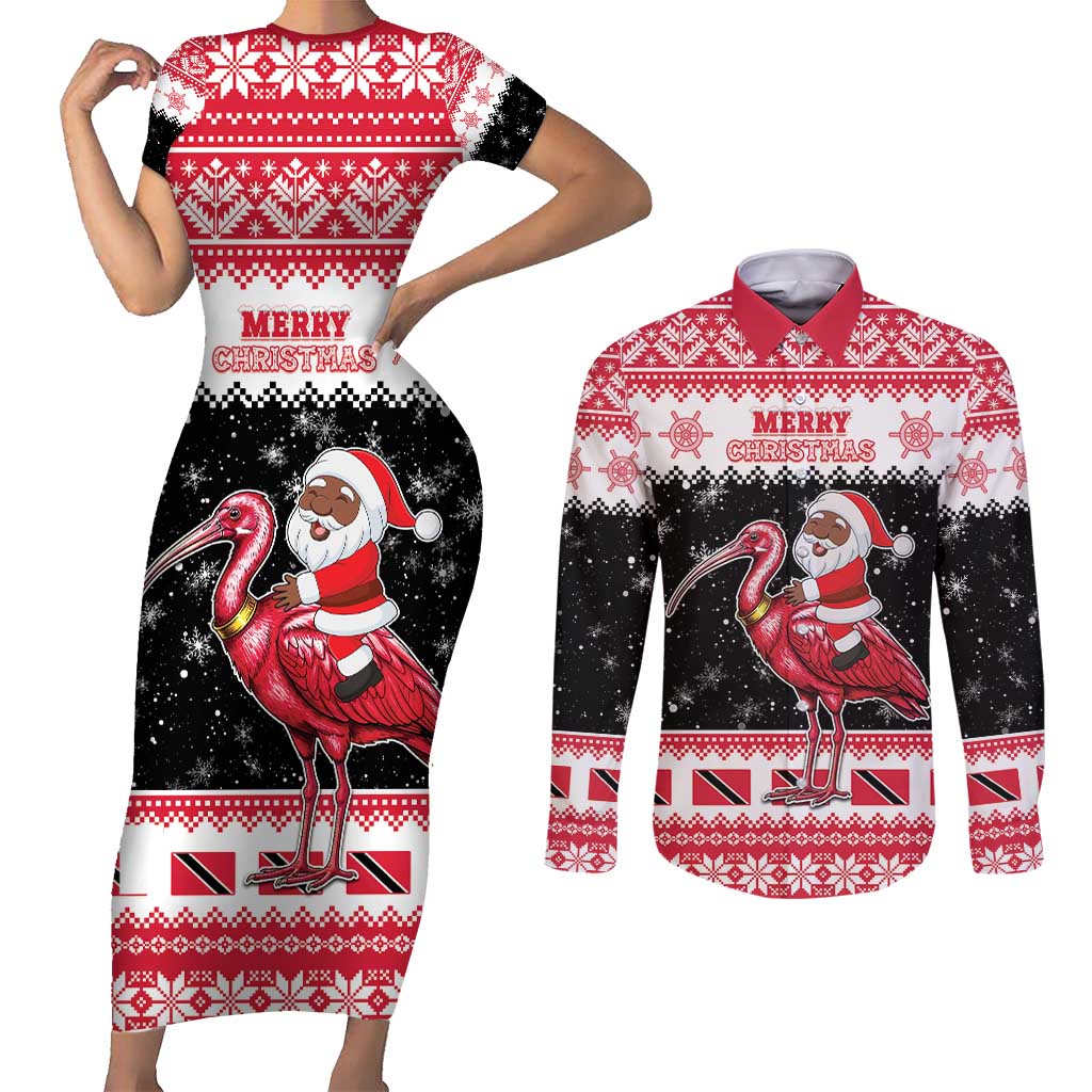Trinidad And Tobago Christmas Couples Matching Short Sleeve Bodycon Dress and Long Sleeve Button Shirt Funny Santa Riding Scarlet Ibis - Wonder Print Shop