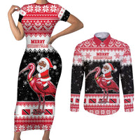 Trinidad And Tobago Christmas Couples Matching Short Sleeve Bodycon Dress and Long Sleeve Button Shirt Funny Santa Riding Scarlet Ibis - Wonder Print Shop