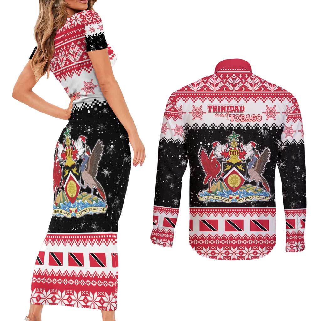 Trinidad And Tobago Christmas Couples Matching Short Sleeve Bodycon Dress and Long Sleeve Button Shirt Funny Santa Riding Scarlet Ibis - Wonder Print Shop