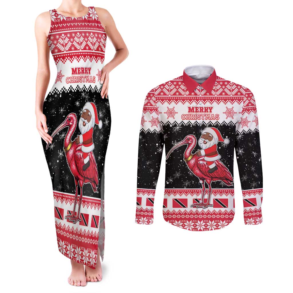 Trinidad And Tobago Christmas Couples Matching Tank Maxi Dress and Long Sleeve Button Shirt Funny Santa Riding Scarlet Ibis - Wonder Print Shop
