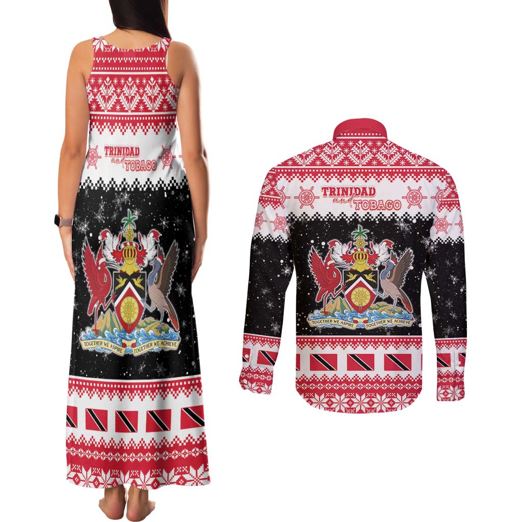 Trinidad And Tobago Christmas Couples Matching Tank Maxi Dress and Long Sleeve Button Shirt Funny Santa Riding Scarlet Ibis - Wonder Print Shop