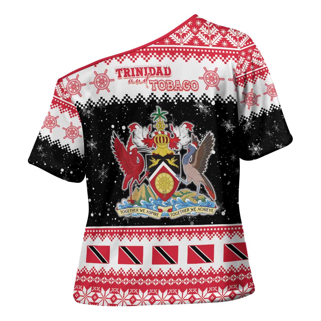 Trinidad And Tobago Christmas Cross Shoulder Shirt Funny Santa Riding Scarlet Ibis - Wonder Print Shop