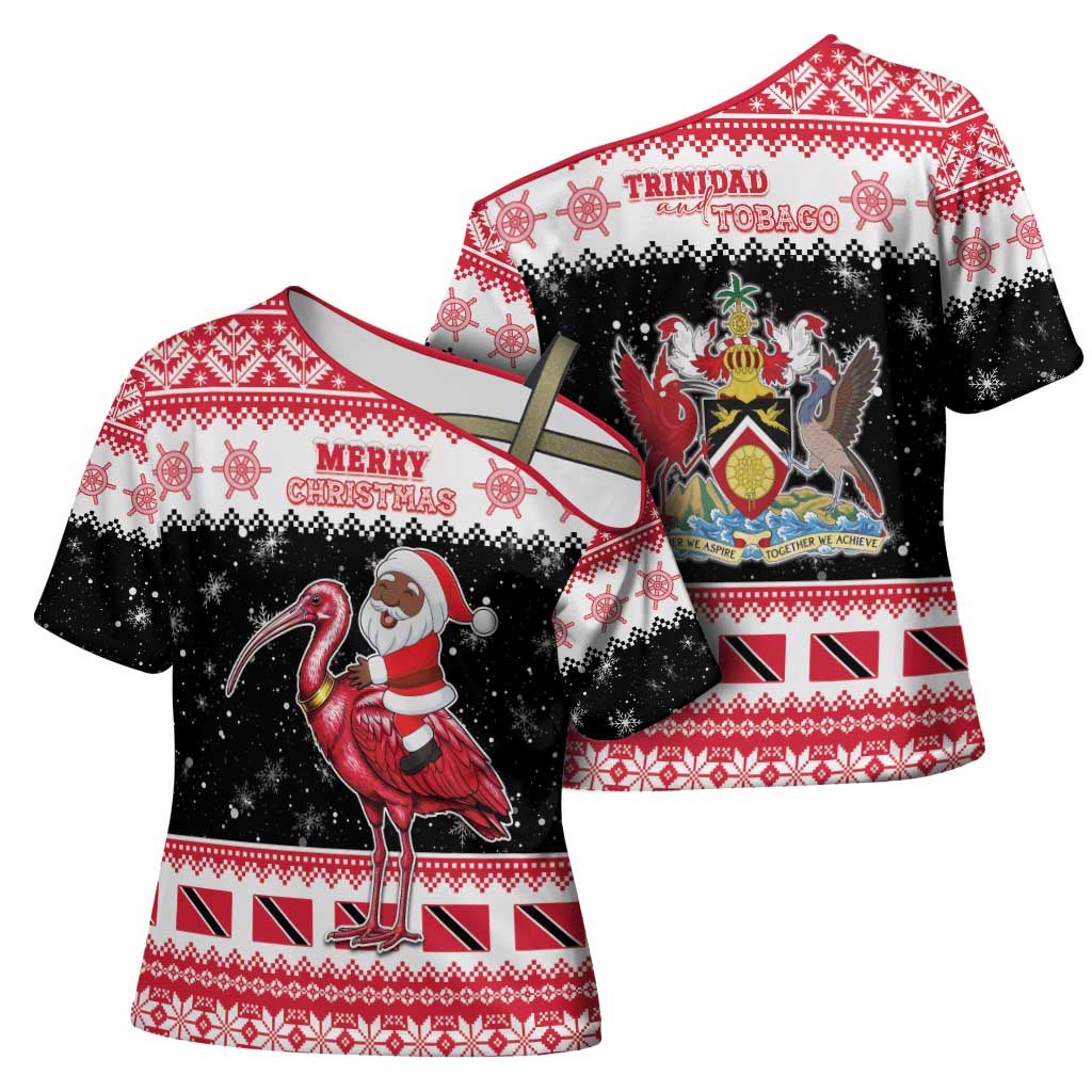 Trinidad And Tobago Christmas Cross Shoulder Shirt Funny Santa Riding Scarlet Ibis - Wonder Print Shop