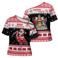 Trinidad And Tobago Christmas Cross Shoulder Shirt Funny Santa Riding Scarlet Ibis - Wonder Print Shop