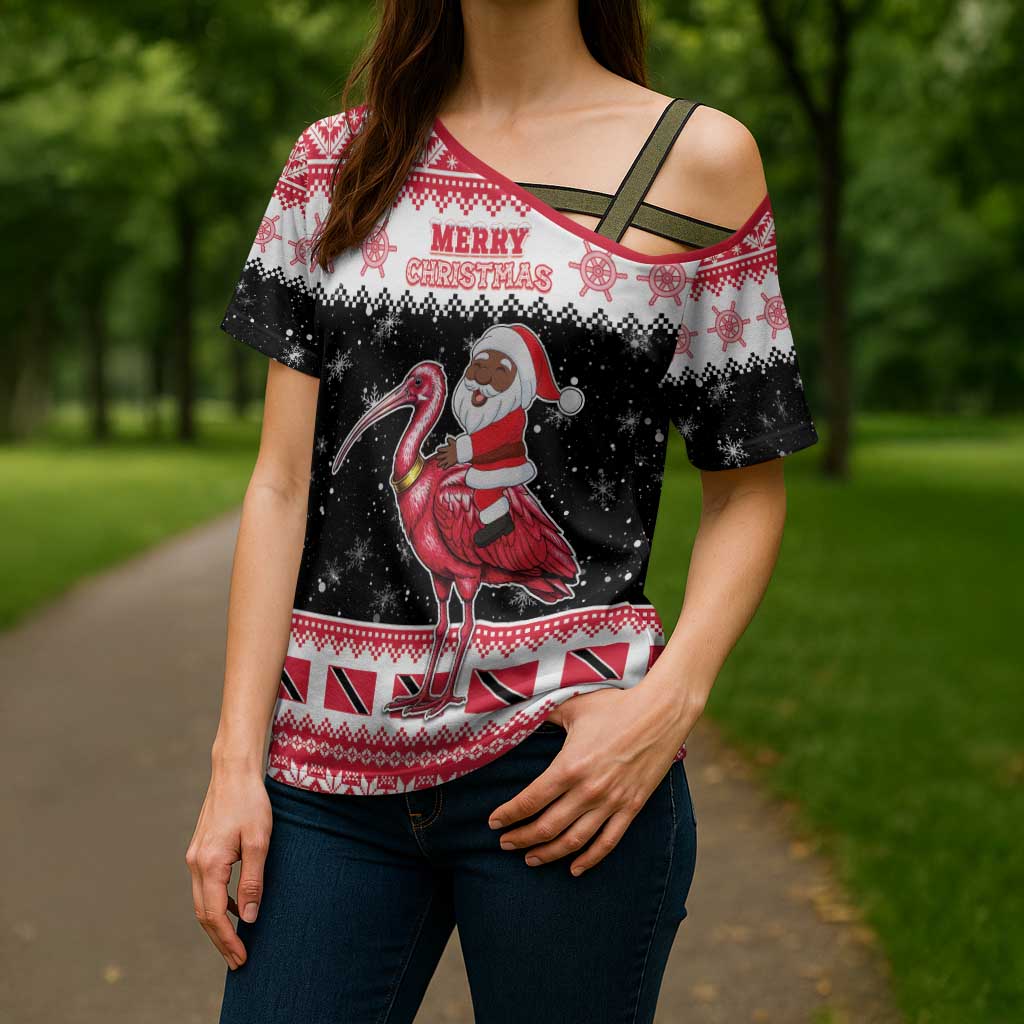 Trinidad And Tobago Christmas Cross Shoulder Shirt Funny Santa Riding Scarlet Ibis - Wonder Print Shop