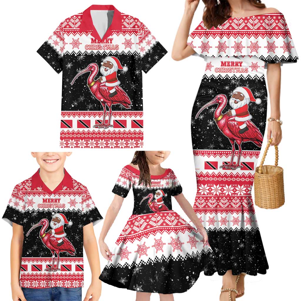 Trinidad And Tobago Christmas Family Matching Mermaid Dress and Hawaiian Shirt Funny Santa Riding Scarlet Ibis - Wonder Print Shop