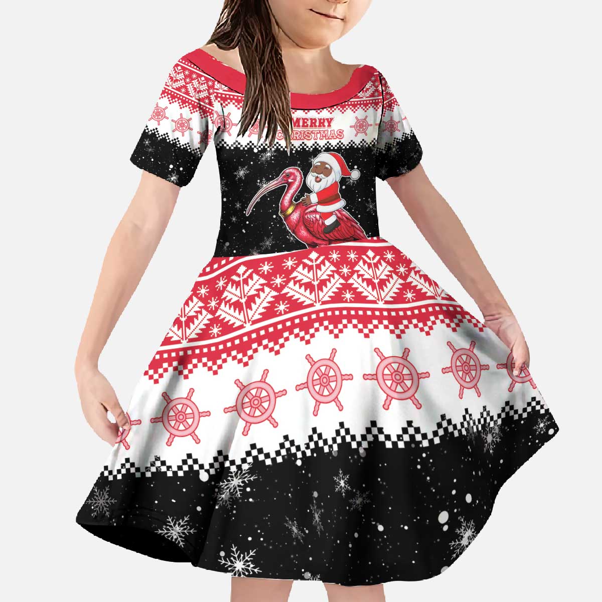Trinidad And Tobago Christmas Family Matching Off The Shoulder Long Sleeve Dress and Hawaiian Shirt Funny Santa Riding Scarlet Ibis - Wonder Print Shop