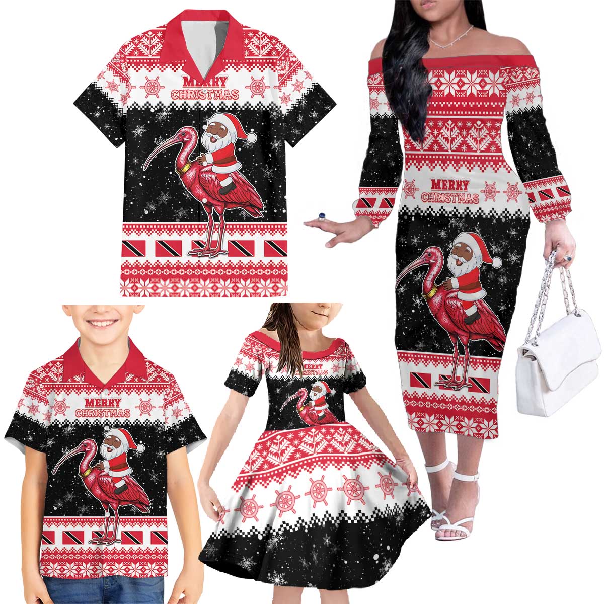 Trinidad And Tobago Christmas Family Matching Off The Shoulder Long Sleeve Dress and Hawaiian Shirt Funny Santa Riding Scarlet Ibis - Wonder Print Shop