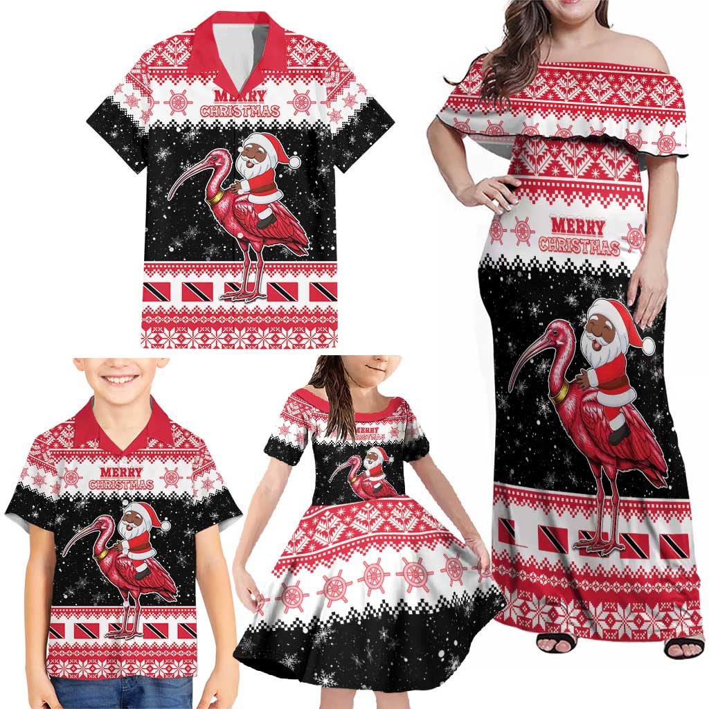 Trinidad And Tobago Christmas Family Matching Off Shoulder Maxi Dress and Hawaiian Shirt Funny Santa Riding Scarlet Ibis - Wonder Print Shop