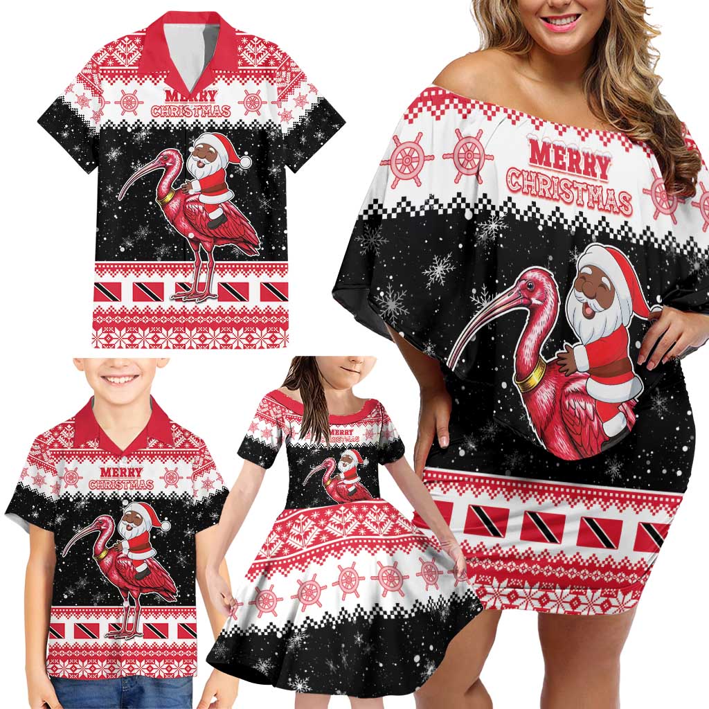 Trinidad And Tobago Christmas Family Matching Off Shoulder Short Dress and Hawaiian Shirt Funny Santa Riding Scarlet Ibis - Wonder Print Shop