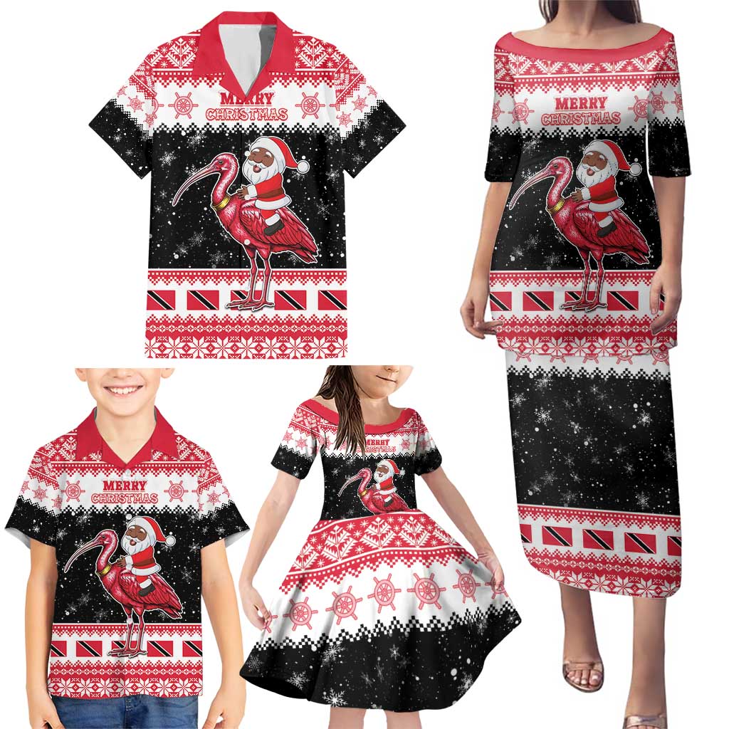 Trinidad And Tobago Christmas Family Matching Puletasi and Hawaiian Shirt Funny Santa Riding Scarlet Ibis - Wonder Print Shop