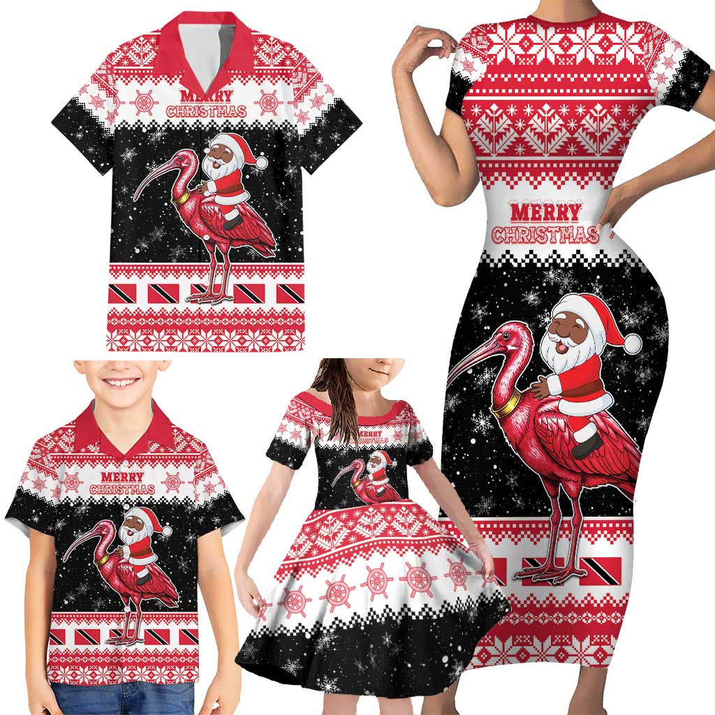 Trinidad And Tobago Christmas Family Matching Short Sleeve Bodycon Dress and Hawaiian Shirt Funny Santa Riding Scarlet Ibis - Wonder Print Shop