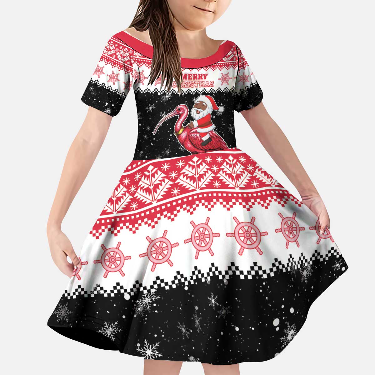 Trinidad And Tobago Christmas Kid Short Sleeve Dress Funny Santa Riding Scarlet Ibis - Wonder Print Shop