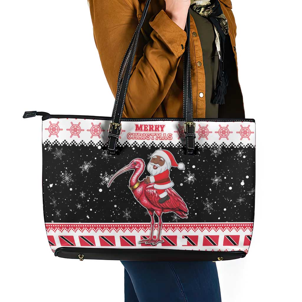 Trinidad And Tobago Christmas Leather Tote Bag Funny Santa Riding Scarlet Ibis - Wonder Print Shop