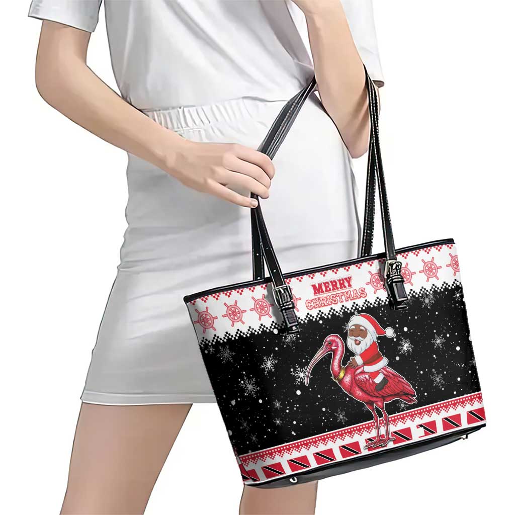Trinidad And Tobago Christmas Leather Tote Bag Funny Santa Riding Scarlet Ibis - Wonder Print Shop