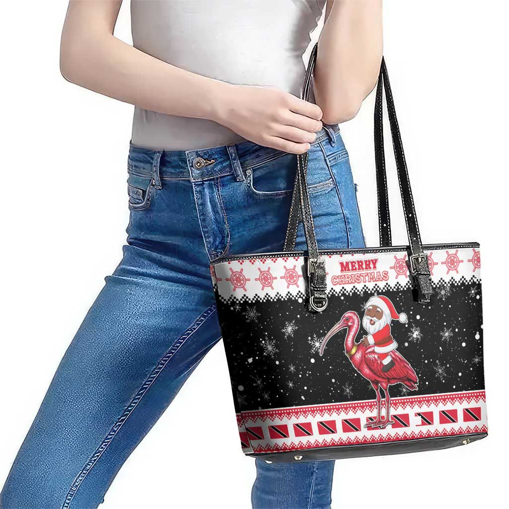 Trinidad And Tobago Christmas Leather Tote Bag Funny Santa Riding Scarlet Ibis - Wonder Print Shop