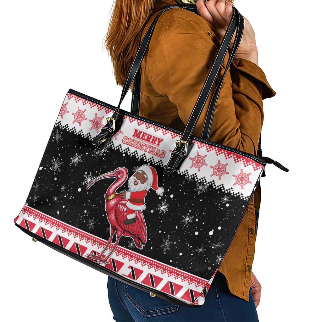 Trinidad And Tobago Christmas Leather Tote Bag Funny Santa Riding Scarlet Ibis - Wonder Print Shop