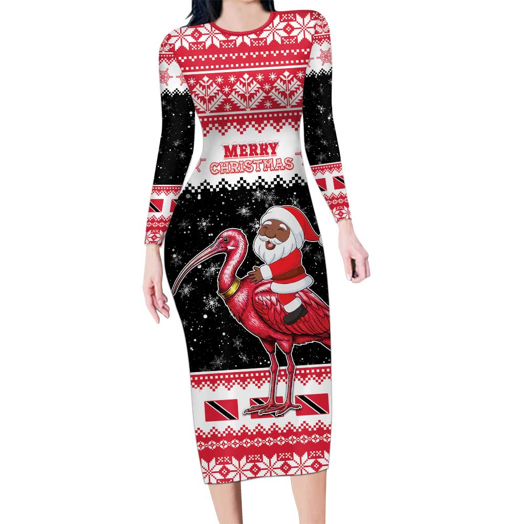Trinidad And Tobago Christmas Long Sleeve Bodycon Dress Funny Santa Riding Scarlet Ibis - Wonder Print Shop