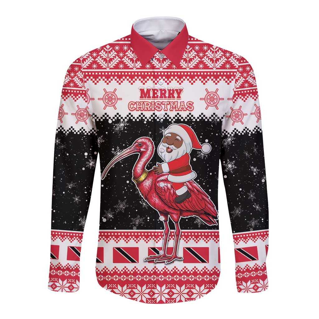 Trinidad And Tobago Christmas Long Sleeve Button Shirt Funny Santa Riding Scarlet Ibis - Wonder Print Shop