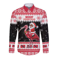 Trinidad And Tobago Christmas Long Sleeve Button Shirt Funny Santa Riding Scarlet Ibis - Wonder Print Shop