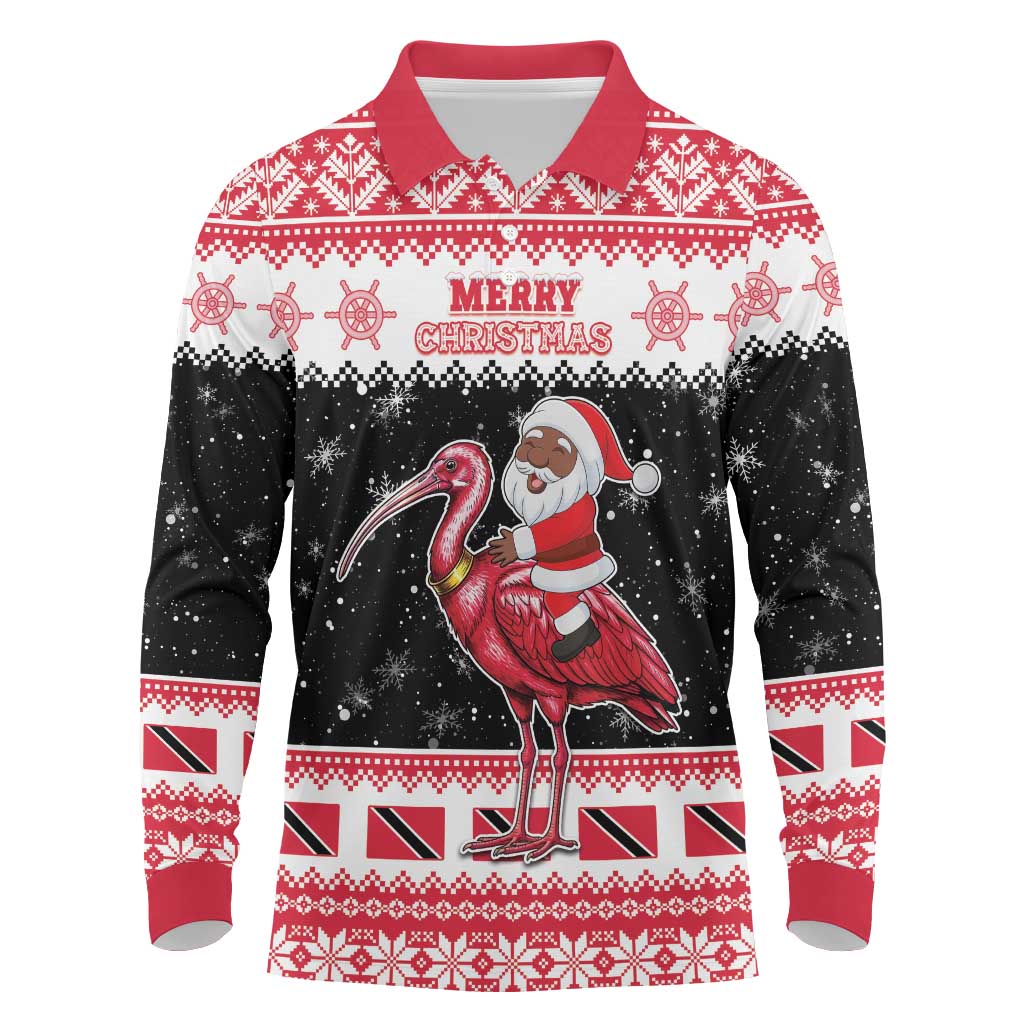Trinidad And Tobago Christmas Long Sleeve Polo Shirt Funny Santa Riding Scarlet Ibis - Wonder Print Shop