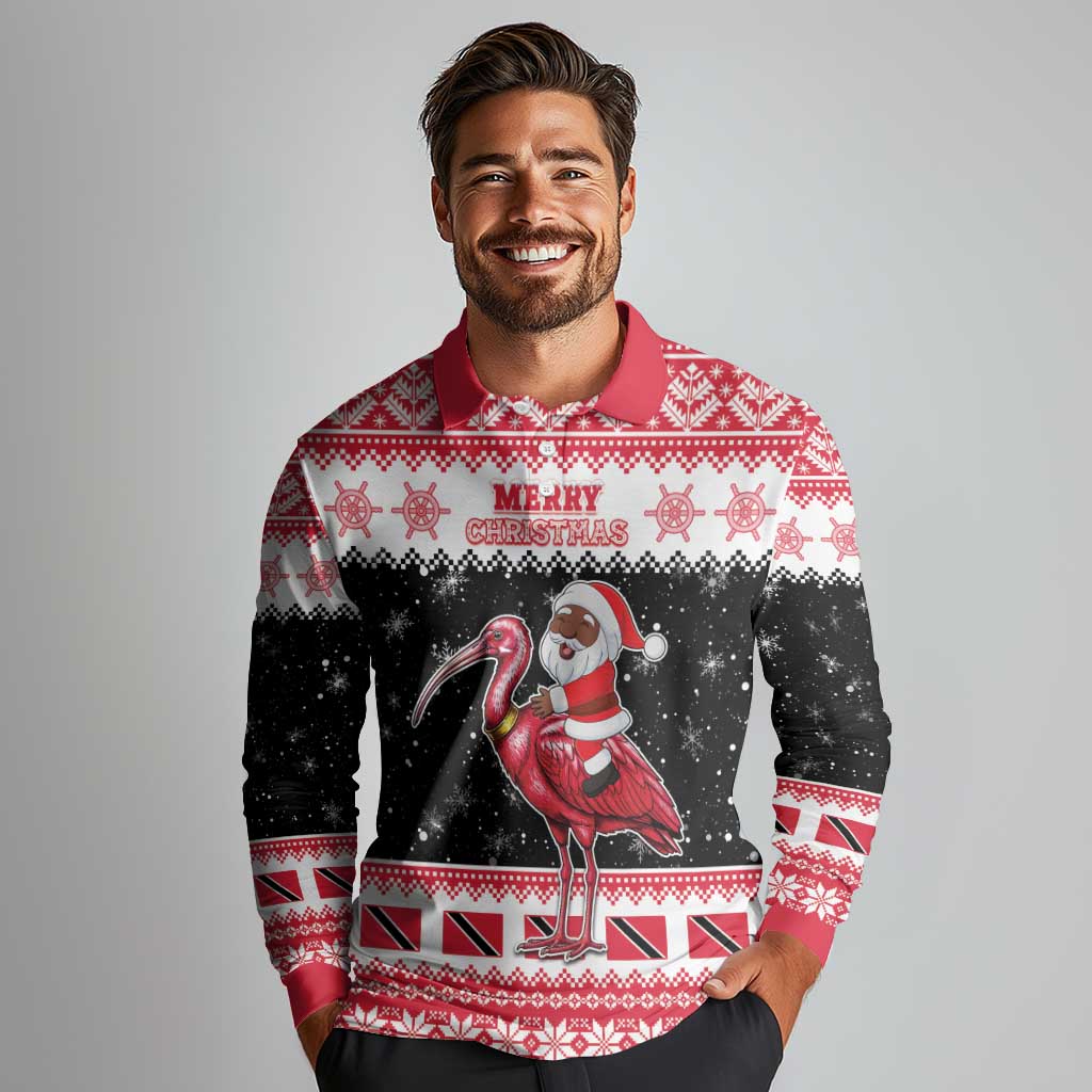 Trinidad And Tobago Christmas Long Sleeve Polo Shirt Funny Santa Riding Scarlet Ibis - Wonder Print Shop