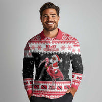 Trinidad And Tobago Christmas Long Sleeve Polo Shirt Funny Santa Riding Scarlet Ibis - Wonder Print Shop