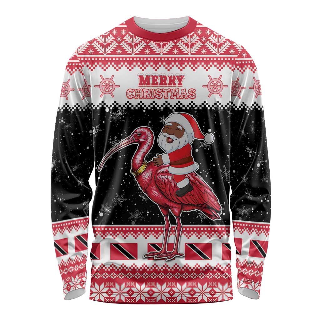 Trinidad And Tobago Christmas Long Sleeve Shirt Funny Santa Riding Scarlet Ibis - Wonder Print Shop