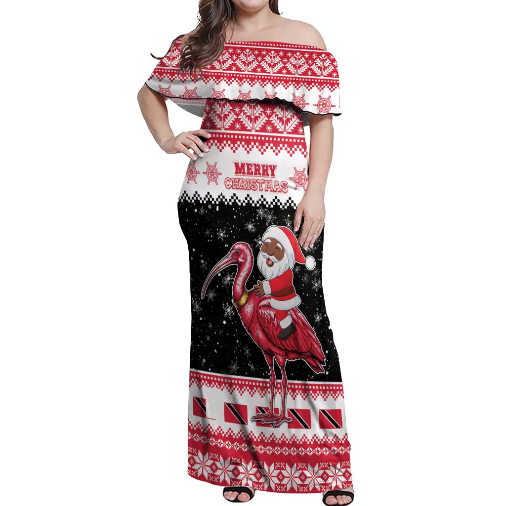 Trinidad And Tobago Christmas Off Shoulder Maxi Dress Funny Santa Riding Scarlet Ibis - Wonder Print Shop