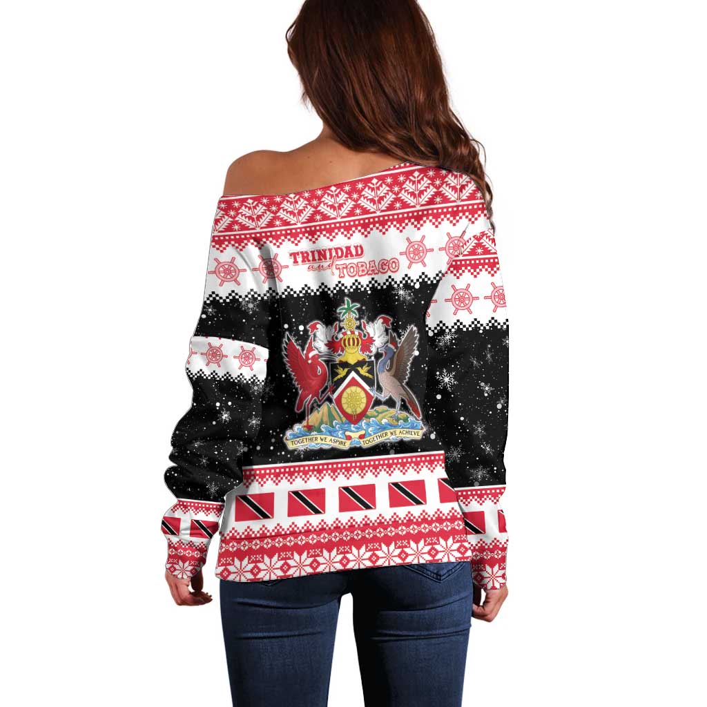 Trinidad And Tobago Christmas Off Shoulder Sweater Funny Santa Riding Scarlet Ibis - Wonder Print Shop