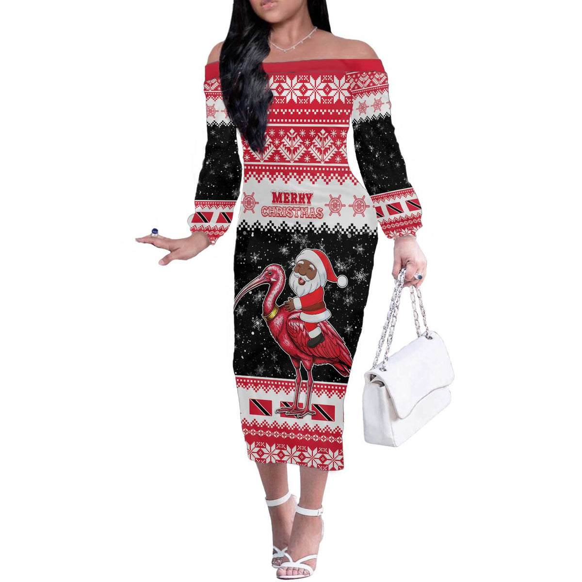 Trinidad And Tobago Christmas Off The Shoulder Long Sleeve Dress Funny Santa Riding Scarlet Ibis - Wonder Print Shop