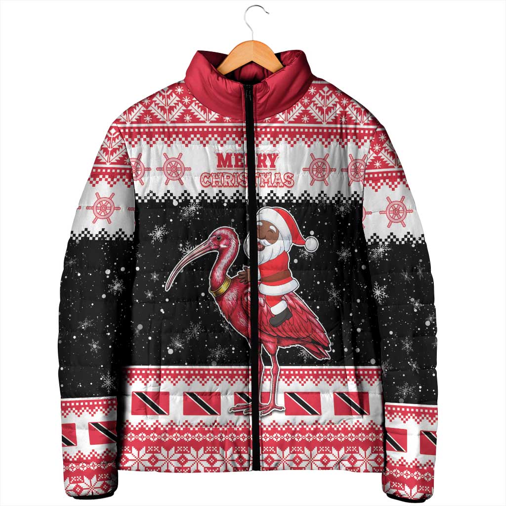 Trinidad And Tobago Christmas Padded Jacket Funny Santa Riding Scarlet Ibis - Wonder Print Shop