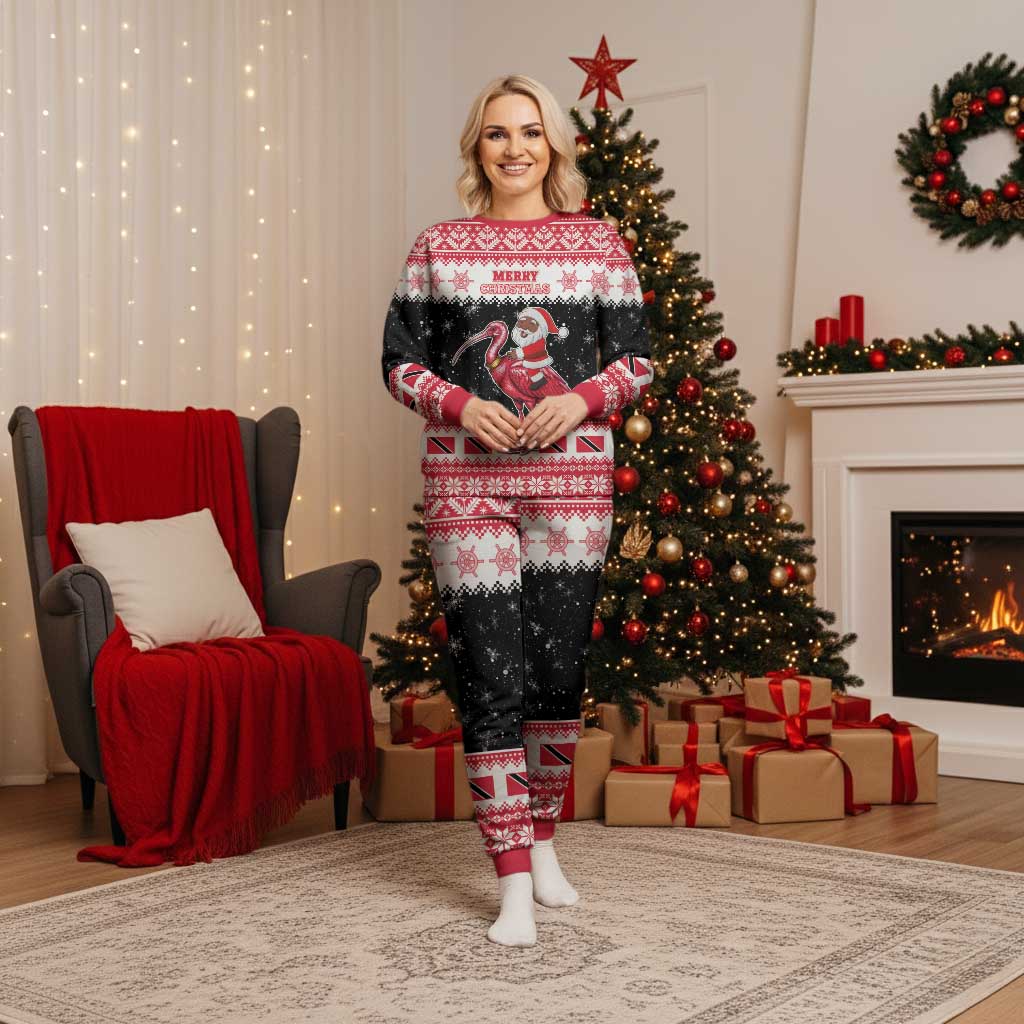 Trinidad And Tobago Christmas Pajama Set Funny Santa Riding Scarlet Ibis - Wonder Print Shop