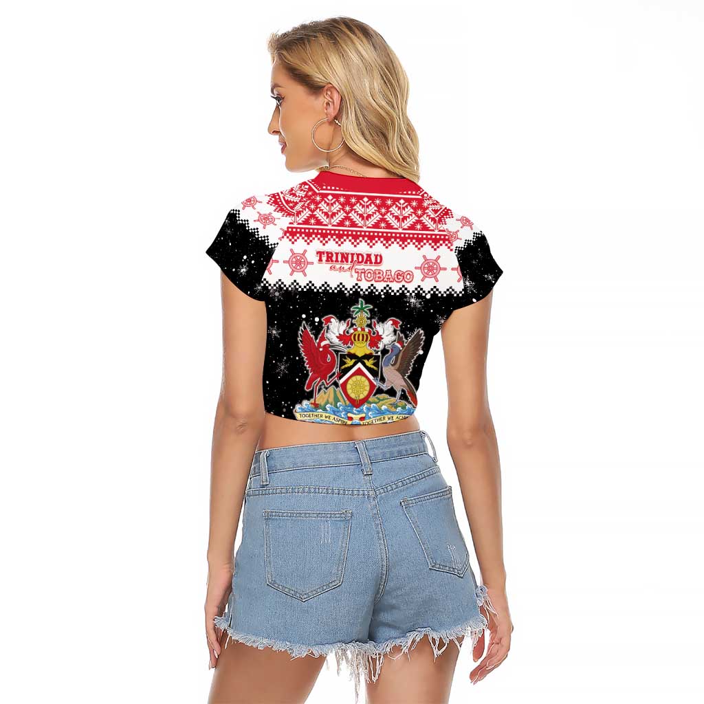 Trinidad And Tobago Christmas Raglan Cropped T Shirt Funny Santa Riding Scarlet Ibis - Wonder Print Shop