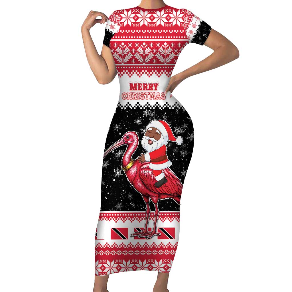 Trinidad And Tobago Christmas Short Sleeve Bodycon Dress Funny Santa Riding Scarlet Ibis - Wonder Print Shop